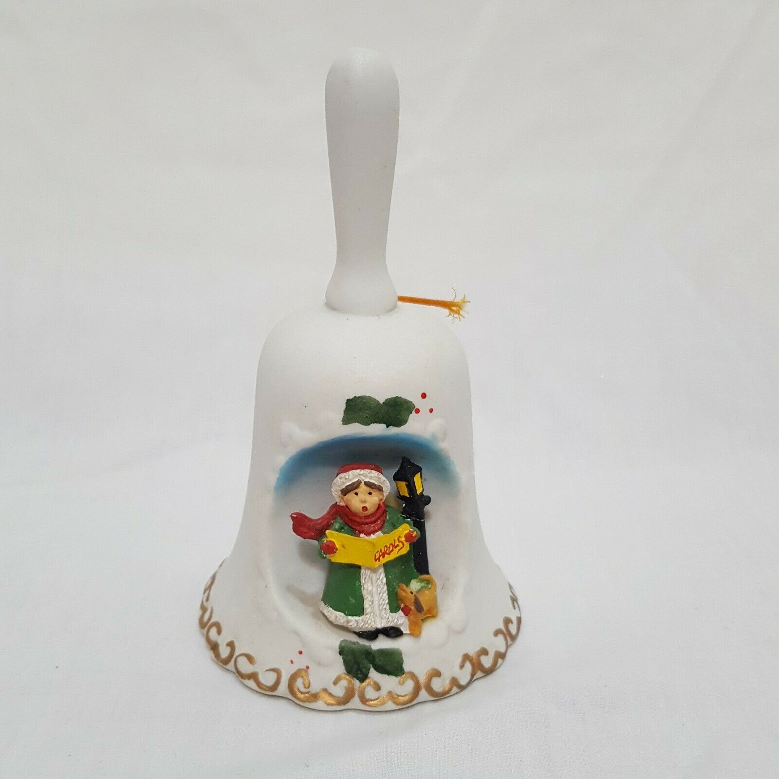 Primary image for Caroler Caroling Dog Christmas Bell Vintage 4" White Cream Green Ceramic JSNY