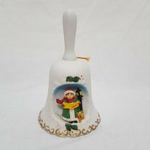 Caroler Caroling Dog Christmas Bell Vintage 4&quot; White Cream Green Ceramic... - $16.89