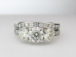 2 CT 3 Stone Lab Created Diamond Engagement Bridal Band Ring Set 14K White Gold - £265.77 GBP