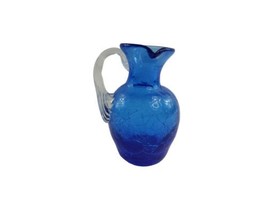 Vintage Small Blue Bluenique Crackle Glass Pitcher Hand Blown  Applied Handle - £15.78 GBP