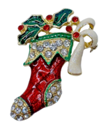 Tanya Creations Christmas Brooch Pin Stocking Holly Enamel Rhinestones 2... - £23.97 GBP