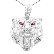 925 Sterling Silver Roaring Bengal Tiger With Red CZ Eyes Pendant Necklace - £35.28 GBP+