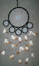 TURQUOISE BEADS 22 INCH BLACK WRAPPED DREAM CATCHER real feather wal han... - $7.55