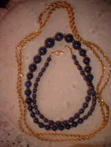 Vintage Jewelry Lapis Colored  Necklace Gold Tone Chain - $15.00