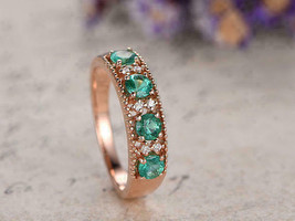 14k Rose Gold FN Silver With 1Ct Round Emerald Diamond Eternity Engagement Ring - £89.41 GBP
