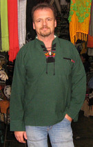 Mens Green Longsleeve Peruvian Folkloric Shirt, 100% Pure Cotton  - $36.00