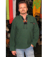 Mens Green Longsleeve Peruvian Folkloric Shirt, 100% Pure Cotton  - $36.00