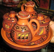 Ethnical ceramic set , hand painted, 1 tray and 4 cans - £75.31 GBP
