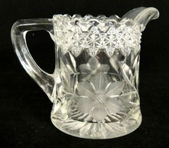 Vintage Clear Pressed Glass Creamer Pitcher Flowers Leaves Starburst Bottom 8 oz - $23.26