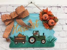 Fall Harvest tractor Pumpkin dog wood hanging sign 11X14 Handmade New - £11.77 GBP