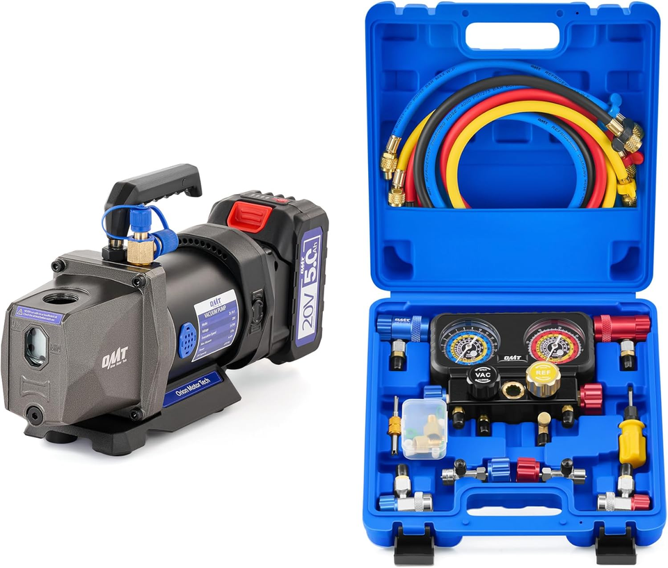Cordless Lithium-Ion HVAC Vacuum Pump &amp; 4 Way AC Diagnostic Manifold Gau... - $341.01