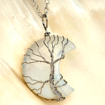 Opalite Moon Pendant 20&quot; Necklace Crescent Wire Wrapped Tree Jewellery &amp; Boxed - £12.91 GBP