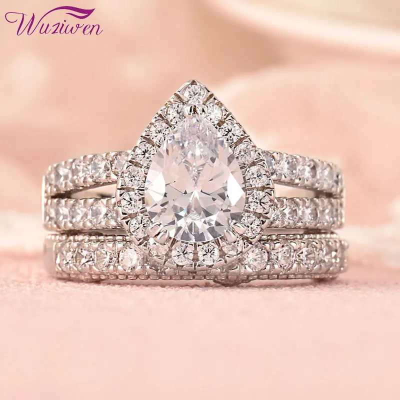 Engagement Ring Set for Woman Pear Cut Imitation Diamond AAAAA Cubic Zircon 925  - £54.53 GBP