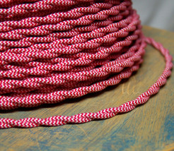 Cloth covered twisted wire-red/white pattern, vintage style fabric light - £1.10 GBP