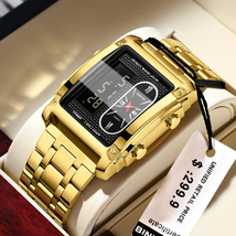 Luxury Watches for Men Fashion Quartz Wristwatch Square Gold Stainless - £21.73 GBP+