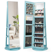 360?° Rotating Mirrored Jewelry Cabinet Armoire 3 Color LED Modes Lockable-Blue  - $372.89 CAD