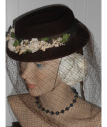 Vtg WWII Hat 1930 40s Tilt Derby Below Full Face Veil Brown Wool Flowers... - $150.00