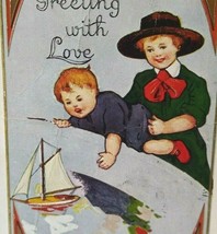 Christmas Postcard Whitney Victorian Dressed Children Reaching For Sailboat Ship - £5.69 GBP