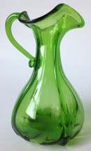 Green Art Glass Pitcher Vase Cruet Optic Ruffled Applied Handle Handblow... - £20.06 GBP