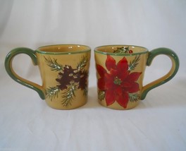2 Large Gold Poinsettia Coffee Mugs Ribbed Pine Cones Holly Christmas Ho... - $14.95