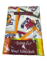 Vintage Autumn Fest New Vinyl Round Tablecloth 60” Fruit Labels Apples P... - $13.09