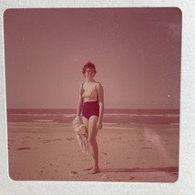 Medium Format Slide Woman On Beach In Bathing Suit 1960s 70mm - £6.49 GBP