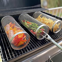 2Pcs BBQ Rolling Basket Portable Round Barbecue Nets Tube Stainless Stee... - $38.99