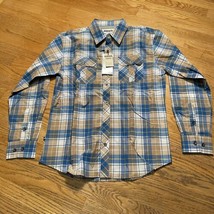 Ablanche New York Men&#39;s size L Tan Blue Plaid Long Sleeve Button Front - £13.37 GBP