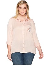 NEW belle du jour Women&#39;s L/s Woven Shirt Top With Floral Embroidery Peach 2X - £17.85 GBP
