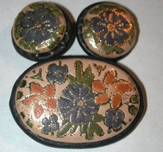 Leather Pin/brooch clip-on Earrings SET Vintage Floral Unique - £8.65 GBP