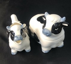 Holstein Cow Black, White &amp; Gray Ceramic Creamer And Sugar Bowl Set Coun... - £11.30 GBP