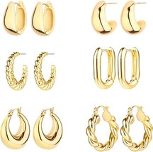 6 Pairs 14K Gold Hoop Earrings for Women Lightweight Chunky Hoop Earrings Multip - £27.80 GBP