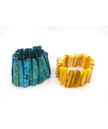 2 Shell Stretch Cuff Bracelets Iridescent Turquoise Yellow - £11.66 GBP