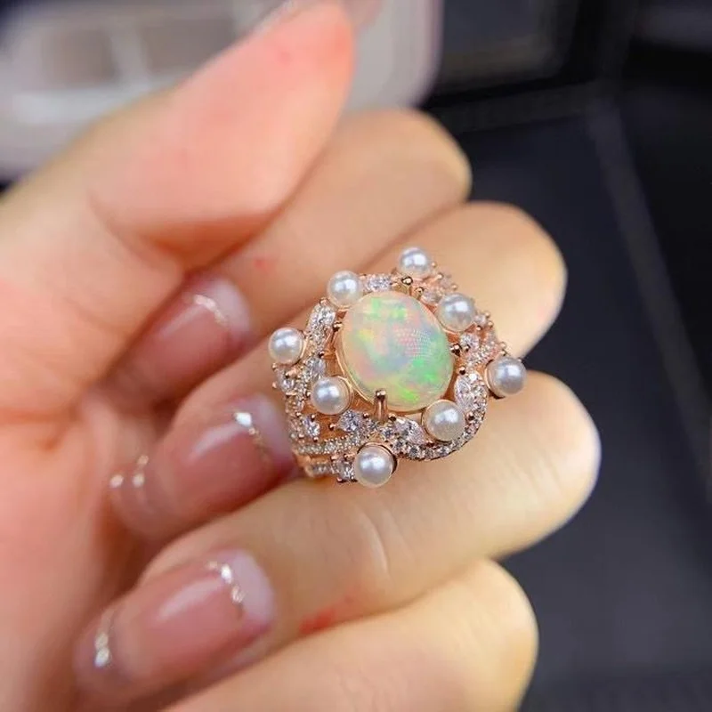 Female White Fire natural Opal Stone Ring Fashion Party Wedding Rings For Women  - £59.78 GBP