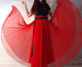 RED Pleated Long Tulle Skirt Outfit Women Plus Size Pleated Tulle Skirt image 8