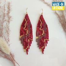 Long beaded abstract earrings, red marble, gift - £21.58 GBP