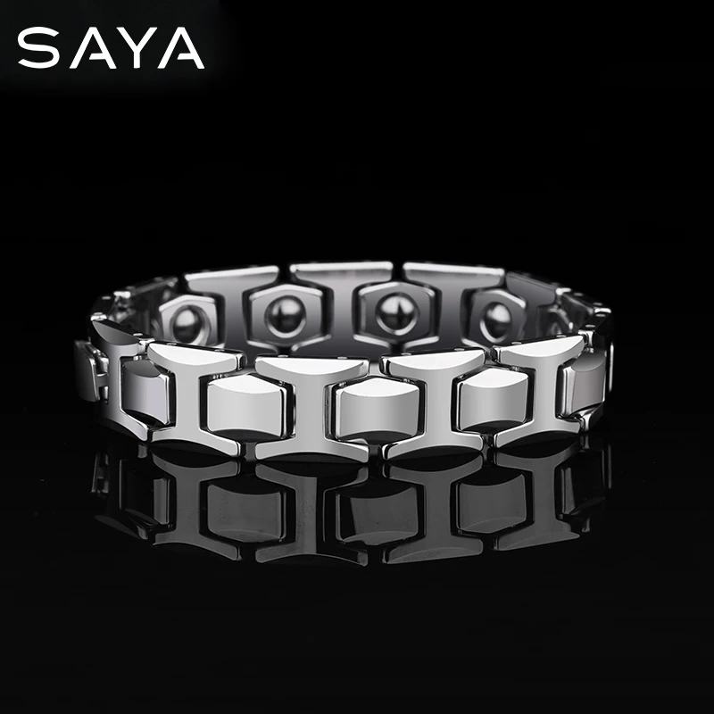 12mm Width High Polished Tungsten Carbide Bracelet with Magnet Stones &amp; Germaniu - £75.20 GBP