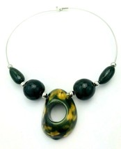 Vintage 70&#39;s Marbled Green Acrylic Bead Silver Wire 16&quot; Choker Necklace - £9.49 GBP