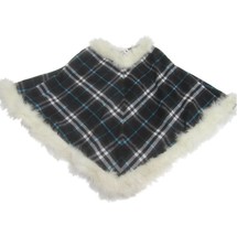Handmade 100% Wool Black Tartan Plaid Poncho Genuine Fur Trim Cloak Foat... - £46.73 GBP