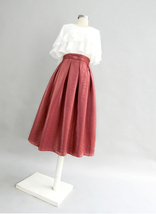 Burgundy Midi Party Skirt Outfit Glitter A-line Pleated Midi Skirt Plus Size image 3