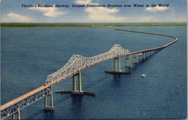 Vintage Unused Linen Postcard-FLORIDA&#39;S Sunshine Skyway Over Lower Tampa Bay a2 - £18.50 GBP