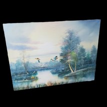 Original Vintage Large Unsigned Oil On Canvas Mallard Ducks Flying On Pond 48X36 - £222.27 GBP