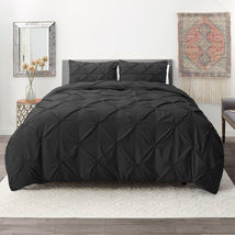 Black Full Pinch Pleat Duvet Cover Set 3Pc Luxurious Pintuck Style - £46.49 GBP