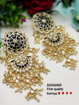 Bollywood Style Indian Pearl Enameled Black Earrings Bridal Kundan Jewelry Set - £22.77 GBP