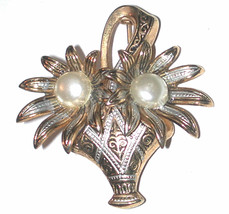 Vintage gold-tone Flower Basket pin/brooch Spain/Spanish Damascene Enamel pearl - £9.48 GBP