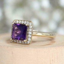 2.65Ct Princess Cut Simulated Amethyst  Ring925 Silver Gold Plated  - £89.54 GBP