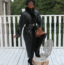 Fab Designer full length black leather &amp; black fox Fur trim Coat jacket S-M 2-8 - £388.43 GBP