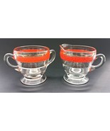 Clear Glass Sugar Bowl and Creamer Set with Orange Band Vintage - $22.50