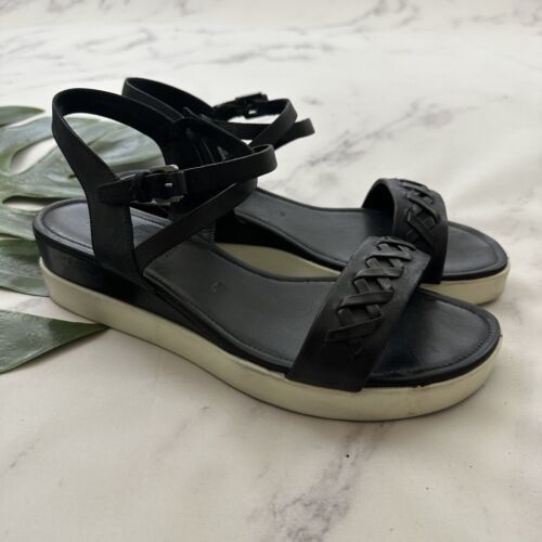 Primary image for Ecco Womens Wedge Sandals Size 40 Black Leather Ankle Strap Low Heel