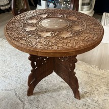 Vintage India Hand Carved Wood Plant Stand Table, Brass Inlay, Tripod Le... - $72.01